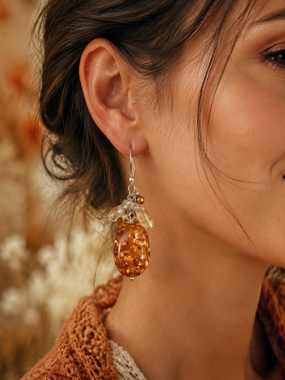 Amber Orange Crackle Bead Cluster Silver Tone Dangle Earrings Boho Artisan